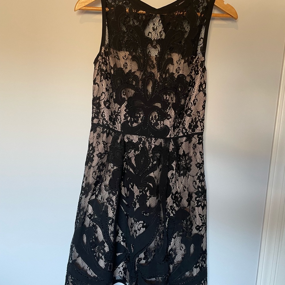 Black Temperance Dress XS with Appliqués and Beadwork and a Champagne Lining